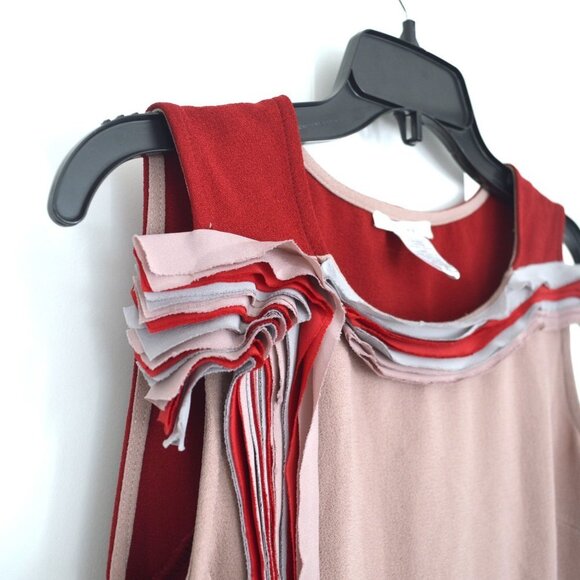 Esley Shift Dress Raw Fringe Red Light Blue Light Pink Size M - Picture 3 of 10